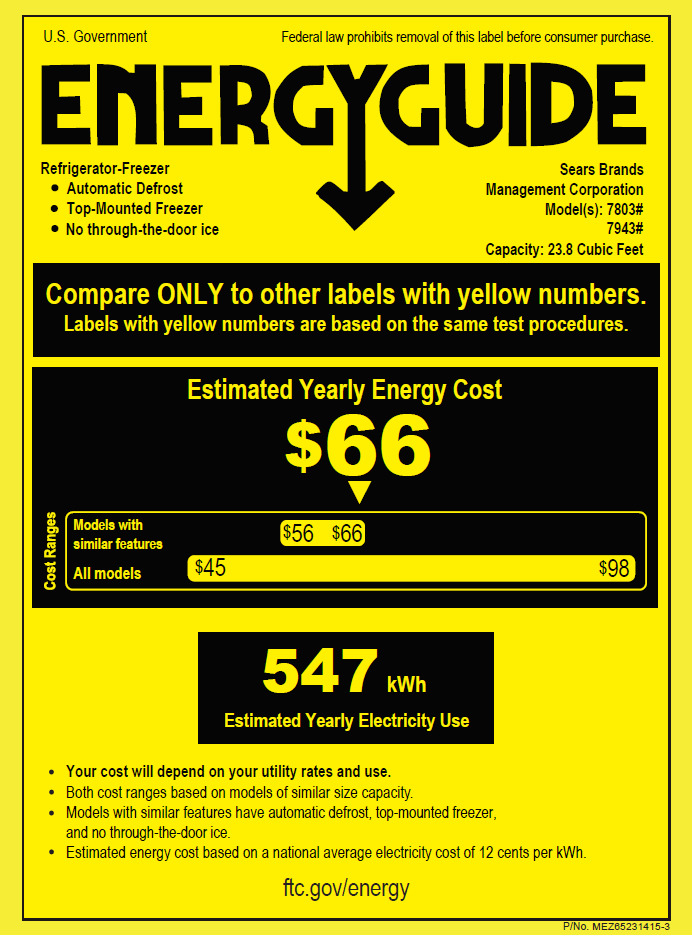 Kenmore Refrigerator (Energy Guide Tag)